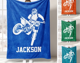 Personalized Motocross Blanket, Dirt Bike Blanket, Custom Name Soft Cozy Sherpa Fleece Throw Blankets, Gift For Dad, Husband, Son, Racer