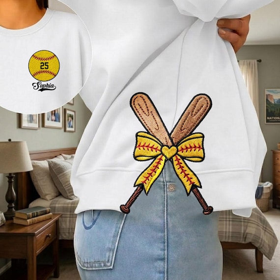 Personalized Softball Side Bow Cut-Out Sweatshirt, Custom Name Number Sweatshirt, Softball Mom Embroidered Sweatshirt, Softball Coquette Bow