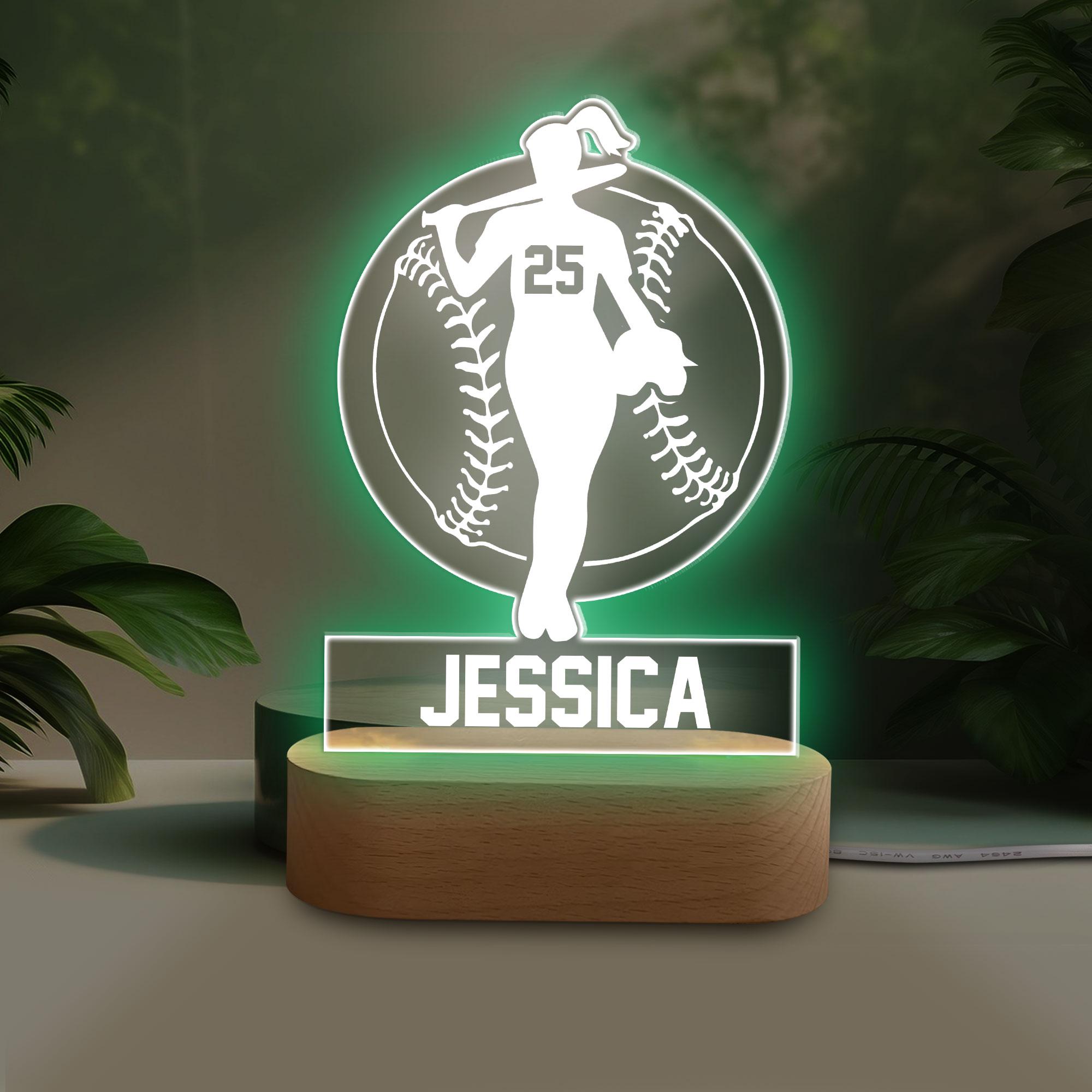 Personalized Softball Night Light, Custom Name Number Acrylic Night Light, Softball Room Decor, Sport Gift for Daughter, Girl, Kid, Team