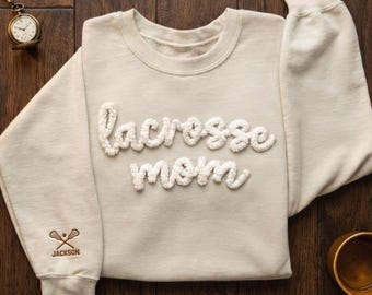 Personalized Lacrosse Yarn Embroidered Sweatshirt, Custom Name Sweatshirt, Lacrosse Mom Embroidered Sweatshirt, Lacrosse Coquette Bow
