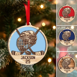 Personalized Hockey Layered Wood Ornament, Custom Hockey Christmas Tree Ornament, Sport Christmas Home Decor, Xmas Gift for Son, Team