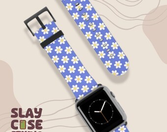 Correa para Apple Watch con diseño de margaritas azules: poliéster, piel sintética y acero inoxidable.