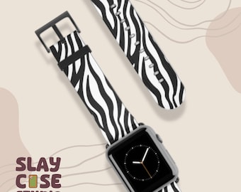 Correa para Apple Watch con estampado de cebra: correa de piel sintética, herrajes de acero inoxidable