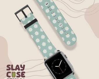 Correa para Apple Watch con diseño de margaritas verdes: estampado floral, correa de piel sintética