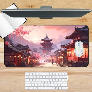 Japanese Pagoda Desk Mat, Anime Mouse Pad, Gift for Anime Lover, Travel Lover Office Decor