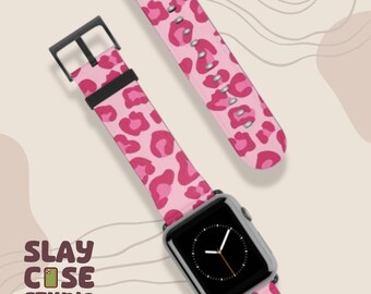 Correa de piel sintética para Apple Watch con estampado de guepardo rosa