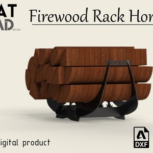 May include: A black metal firewood rack with a curved design, holding stacked pieces of brown wood. The rack is labelled "Firewood Rack Horn_1". Digital product. Available in DXF, PDF, and SVG formats.