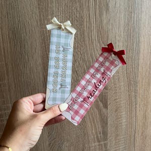 Gingham Pattern Ribbon Bookmark | Books Are My Therapy Reader Gift | Plot Twist Reading Accessory | Red and Blue Plaid Stationery