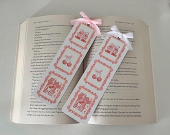 Book Lovers Bookmark | Coquette Stamps | Bows | Cherries | Books | Pink  | Gifts | Bookish | Readers