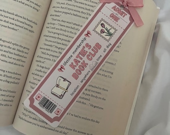 Custom Name Book Club Bookmark | Personalized Ticket Reader Gift | Pink Bow Ribbon Stationery | Coquette Style Bookish Accessory