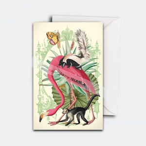 Zauberhafte Vintage Grusskarte Magical Forest - Tropical Flamingo