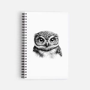 May include: Black and white illustration of an owl with large, round eyes. The owl is drawn in a realistic style with detailed feathers.