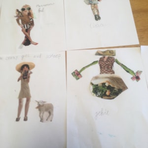 May include: Four pieces of paper with different images and text. The top left image is a woman wearing a brown jacket and a black skirt. The text says "Mannequin girl". The top right image is a woman wearing a red and white dress and holding an umbrella. The text says "Orange" and "Lisa". The bottom left image is a woman wearing a brown dress and a hat. The text says "Crazy girl and sheep". The bottom right image is a woman wearing a brown and white dress. The text says "Jackie".