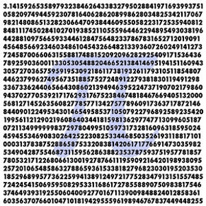 Pode incluir: Um close-up de uma longa sequência de números, começando com 3.1415926535897932384626433832795028841971693993751 e continuando por muitos mais dígitos. Esta é uma representação da constante matemática pi.
