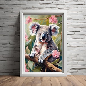 Australian Koala Animal Digital Print Wall Art, Oil Painting Wall Art Decor, Peeking Aussie Native Animal Digital Print Pink Flowers Spring