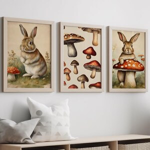 Vintage Rabbit Nursery Print Decor Digital Mushroom Painting, Cottagecore Decor, Printable Wall Art, Easter Bunny Rustic Animal Bunny