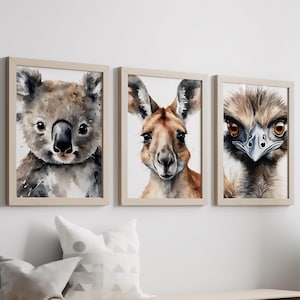 Australian Animal Close-up Portraits Prints, Set of 3 Decor, Indigenous Watercolour Wall Art, Peeking Aussie Native Animals Digital Print