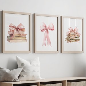 Juego de 3 libros de arte digital para pared con lazos rosas para niñas: decoración de guardería con estampado de acuarela, decoración de habitación con coqueta