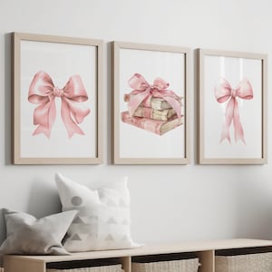 Ensemble de 3 oeuvres d'art mural noeuds roses tendance, affiche BCBG, chambre de fille, décoration de dortoir, impression aquarelle coquette, décoration de chambre girly, pile de livres