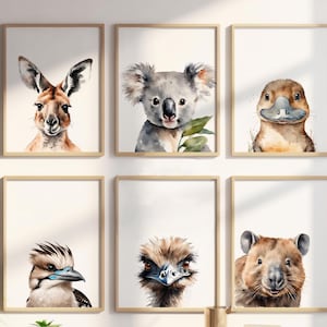 Láminas de animales australianos para guardería, juego de 6, arte mural de acuarela indígena, impresión digital de animales nativos australianos que miran a escondidas