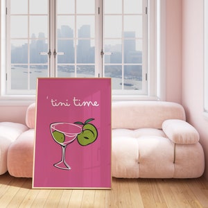 Tini Time, Martini Print, Retro Pink - Illustration Cocktail Print, Digital Download Printable Art Piece