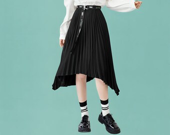 Longue jupe plissée en mousseline noire : tenue de soirée gothique élégante taille haute - Nouveau modèle de printemps