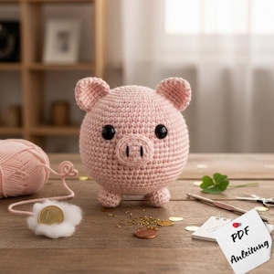 Puede incluir: Un cerdo de ganchillo rosa claro hecho a mano con ojos de botón negros, orejas pequeñas y un hocico detallado. El cerdo es redondo con patas pequeñas. Una madeja de hilo rosa y una moneda están cerca.
