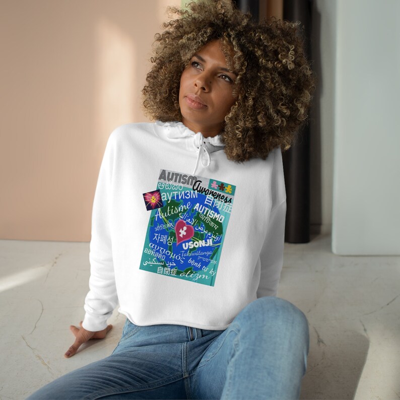 Every Tongue Under the Sun Autism Awareness Cropped Hoodie for Women zdjęcie 3