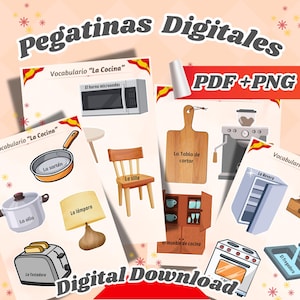 May include: Digital download of Spanish vocabulary flashcards featuring kitchen items. Includes illustrations of a microwave, frying pan, chair, cutting board, refrigerator, and more. Text includes "La Cocina" and "PDF+PNG".