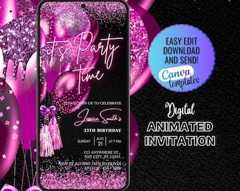 Digital Pink Birthday Party Invitation, It's Party Time-Digital Template For Any Age, Digital Invite Template Birthday Dinner, Party Invite