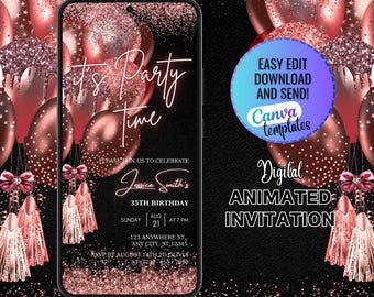 Digital Rose Gold Birthday Party Invitation, It's Party Time Birthday Rose Gold Glitter Balloons Invitation, Birthday Invitation for Any Age