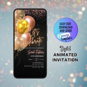 Let&#39;s Celebrate Digital Editable Rose Gold Birthday Party Invitation, Rose Gold Balloons, Phone Text Message Evite, Party Digital Invite