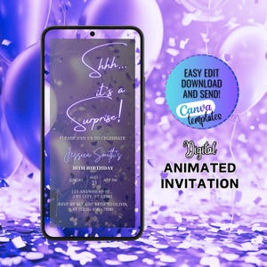Digital Surprise Birthday Invitation, Shhh It&#39;s a Surprise Digital Invitation, Editable Surprise Birthday Party Invitation, Purple Balloons