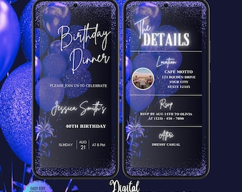 Digital Editable Blue Balloons Birthday Dinner Invitation Template, Elegant Digital Birthday Party Invite, Blue Silver Formal Affair Party