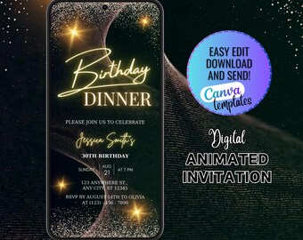 Digital Black and Gold Birthday Dinner Invitation Template, Birthday Dinner Flyer Black, Surprise Birthday Invitation Black, All Black Party