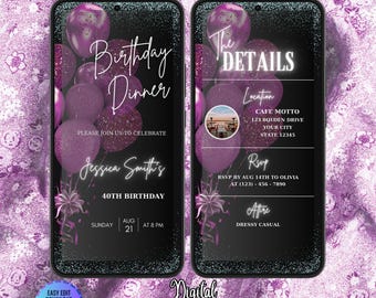 Birthday Dinner and Party Invitation, Digital Invite Template Birthday Dinner, Elegant Pink Birthday Dinner Invitation, Pink Birthday Party