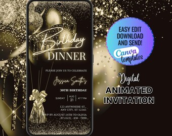 Digital Black Gold Birthday Dinner Invitation, Digital Birthday Dinner Invitation, Animated Gold Black Birthday Invite, DIY EditableTemplate