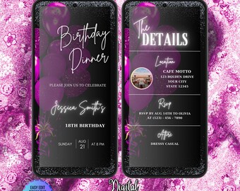 Digital Pink Balloons Birthday Dinner Invitation Template, Hot Pink Birthday Dinner Party Invite, Birthday Dinner Electronic Invite, Any Age