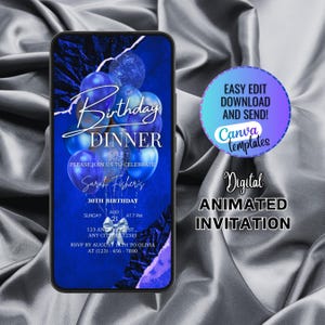 Digital Editable Blue Birthday Dinner Invitation Template, Blue and Silver Birthday Invitation, Surprise Birthday Dinner Party Invitation