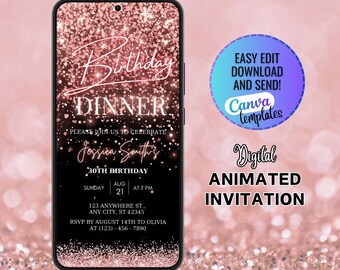 Digital Editable Rose Gold Birthday Dinner Invitation Template, Rose Gold Balloons, Birthday Dinner Invite, Digital Birthday Party Invite