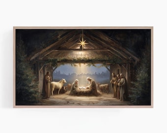 May include: A framed painting depicting the Nativity scene. The artwork shows the baby Jesus in a manger, with Mary and Joseph nearby. Shepherds and animals are also present in the stable, illuminated by a bright star.
