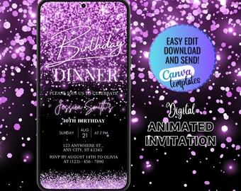 Digital Black Purple Birthday Dinner Invitation, Digital Birthday Dinner Invitation, Animated Purple Birthday Invite, DIY Editable Template
