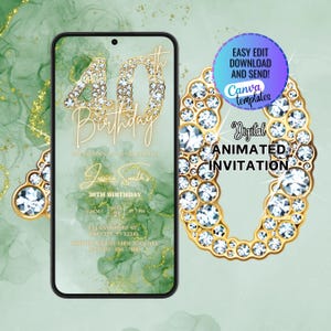 Digital 40th Birthday Party Invitation, Animated Gold Silver Diamond Evite, Phone Text Message, Editable Template, Women 40th Birthday