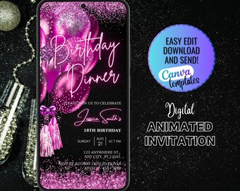 Digital Pink Birthday Dinner Invitation Template, Pink Dinner Party Invite, Digital Birthday Party Invite, Hot Pink Birthday Party Invite