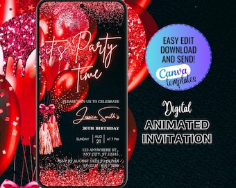 Digital Red Birthday Party Invitation, It's Party Time - Digital Template For Any Age, Digital Invite Template Birthday Dinner, Party Invite