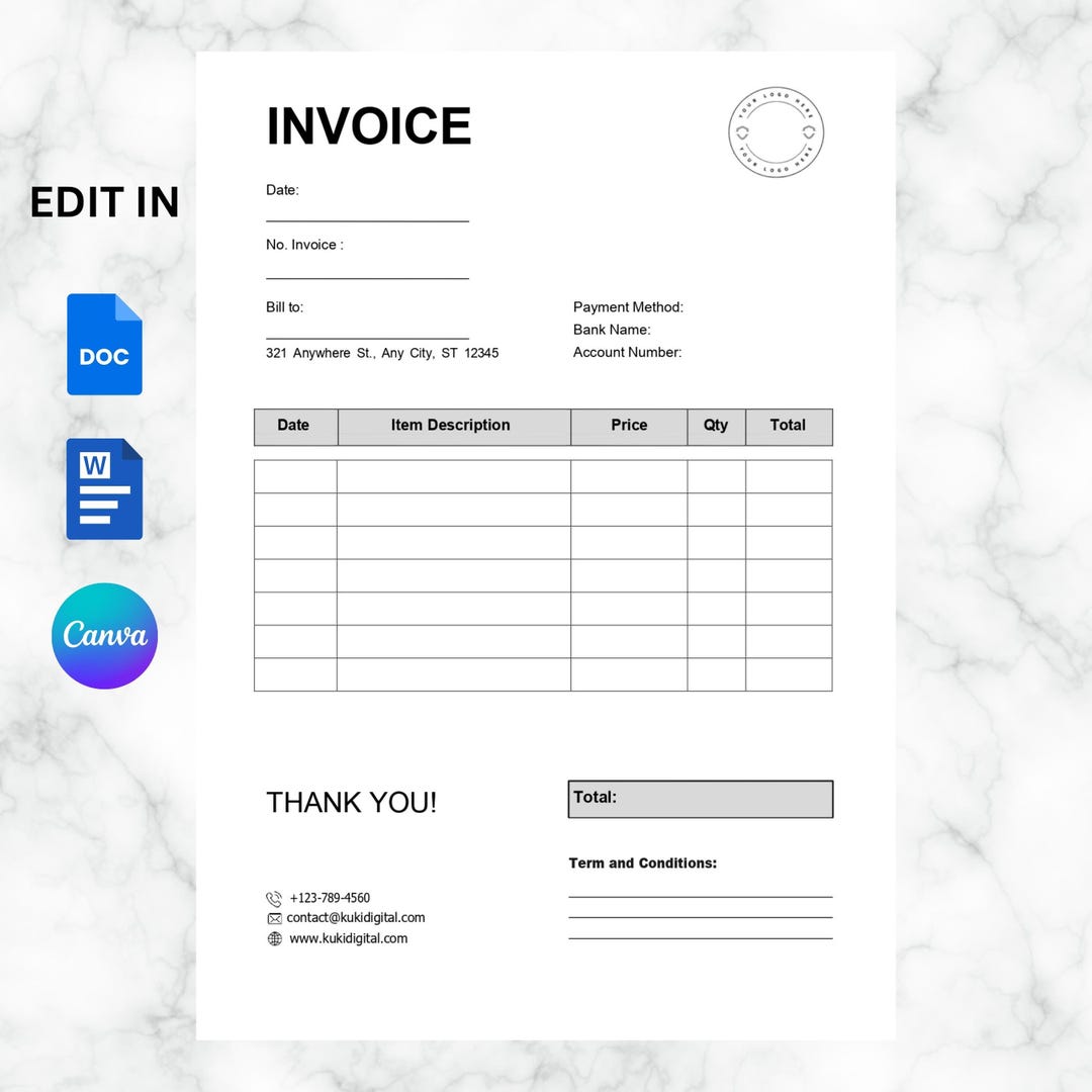 Editable Business Invoice Template: Canva, Word, Google Docs (digital ...