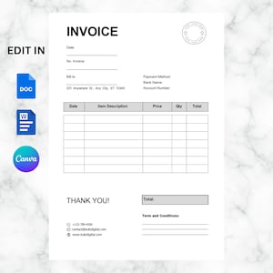 Bearbeitbare benutzerdefinierte Geschäftsrechnungsvorlage, Rechnungswort, Rechnung Google Docs-Formular, druckbare Rechnungsvorlage, digitale Rechnungsform Canva