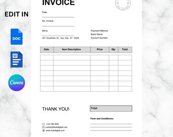 Editable Business Invoice Template: Canva, Word, Google Docs (Digital Download)