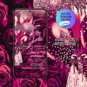 Convite Digital Rosa Choque Save The Date, Convite Balões Glitter Rosa Choque, Convites Save The Date de Aniversário, Save The Date Aniversário Rosa
