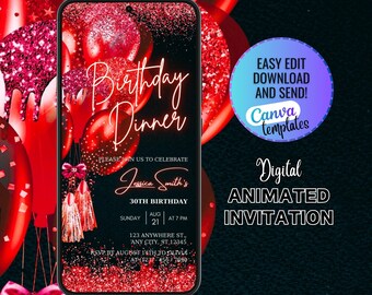 Digital Red Birthday Dinner Invitation Template, Birthday Dinner Party Digital, Animated Birthday Dinner Invite, Red Themed Birthday Invite